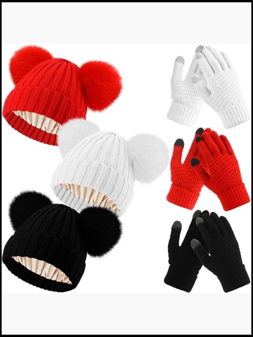 3 Pairs Touchscreen Gloves with Satin Lined Beanies Hat Set Winter Warm